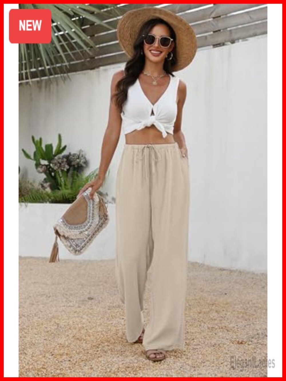 Wide Leg Palazzo Pants with Pockets Drawstring Elastic Waist Flowy Summer - Picture 2 of 6